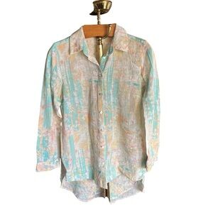 Soft Surroundings Pastel Floral Mixed Materials Button Down Shirt